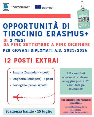 TIROCINI ERASMUS+ di 3 mesi in Europa